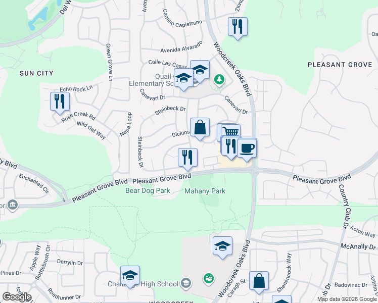 map of restaurants, bars, coffee shops, grocery stores, and more near 1620 Steinbeck Drive in Roseville