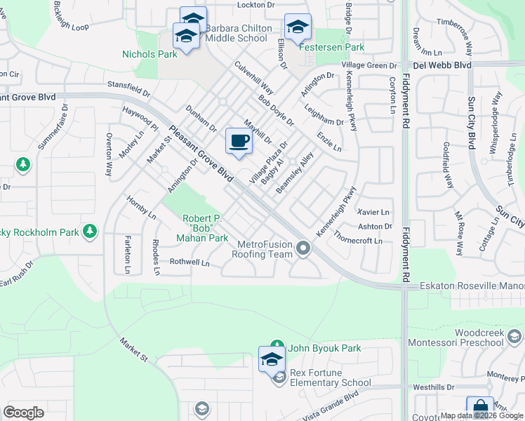 map of restaurants, bars, coffee shops, grocery stores, and more near 2197 Pleasant Grove Boulevard in Roseville