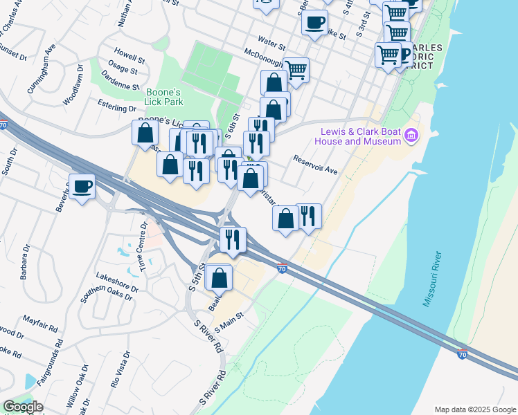 map of restaurants, bars, coffee shops, grocery stores, and more near 1352 South 5th Street in Saint Charles