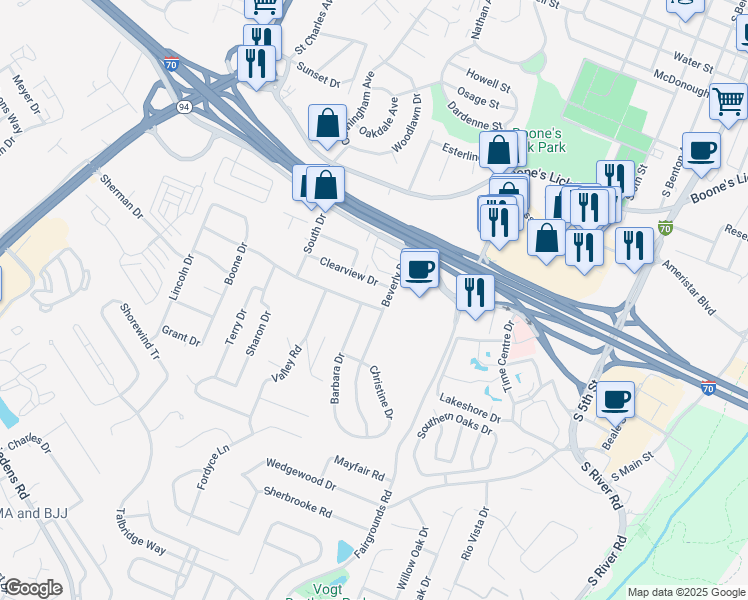 map of restaurants, bars, coffee shops, grocery stores, and more near 1204 South Drive in Saint Charles