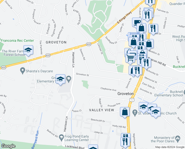 map of restaurants, bars, coffee shops, grocery stores, and more near 3420 Groveton Street in Alexandria