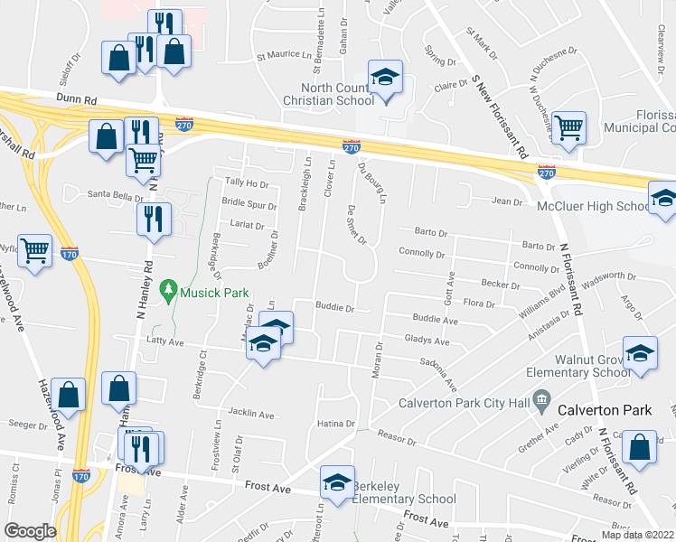 map of restaurants, bars, coffee shops, grocery stores, and more near 480 Marechal Lane in Florissant