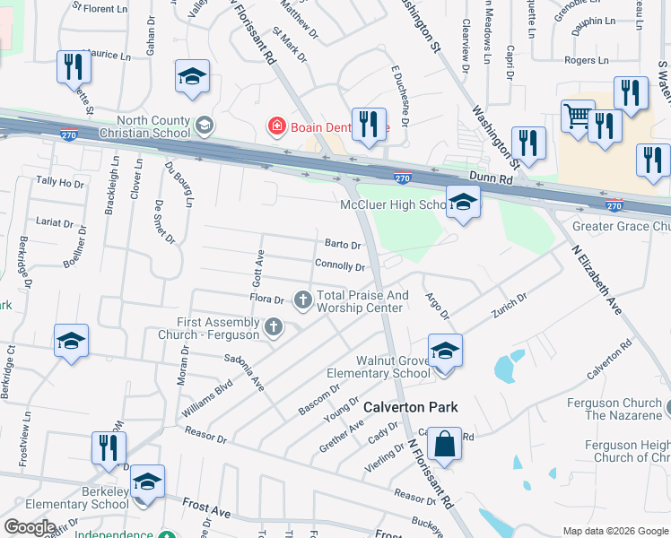 map of restaurants, bars, coffee shops, grocery stores, and more near 55 Connolly Drive in St. Louis