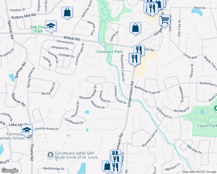 map of restaurants, bars, coffee shops, grocery stores, and more near 34 Country Creek Drive in St. Peters