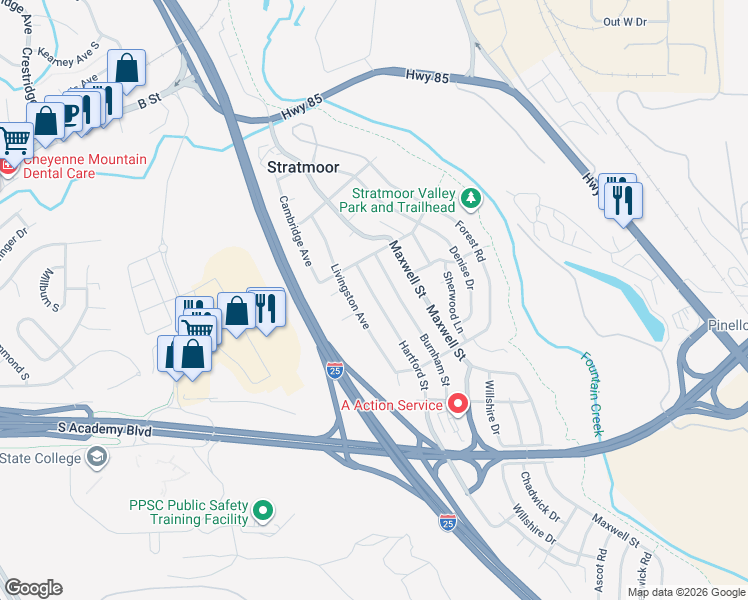 map of restaurants, bars, coffee shops, grocery stores, and more near 1209 Hartford Street in Colorado Springs
