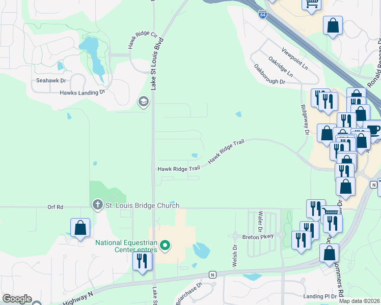 map of restaurants, bars, coffee shops, grocery stores, and more near 5720 Lake Saint Louis Boulevard in Lake Saint Louis