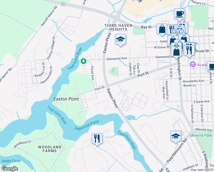 map of restaurants, bars, coffee shops, grocery stores, and more near Port Street in Easton