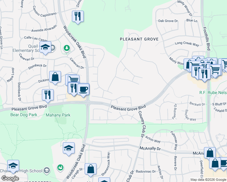 map of restaurants, bars, coffee shops, grocery stores, and more near 1616 Krpan Drive in Roseville