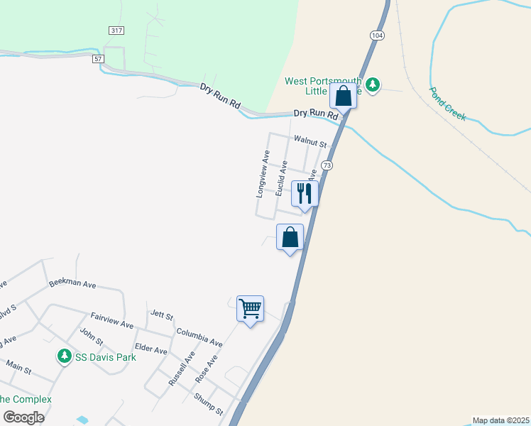 map of restaurants, bars, coffee shops, grocery stores, and more near 2657 Euclid Avenue in West Portsmouth