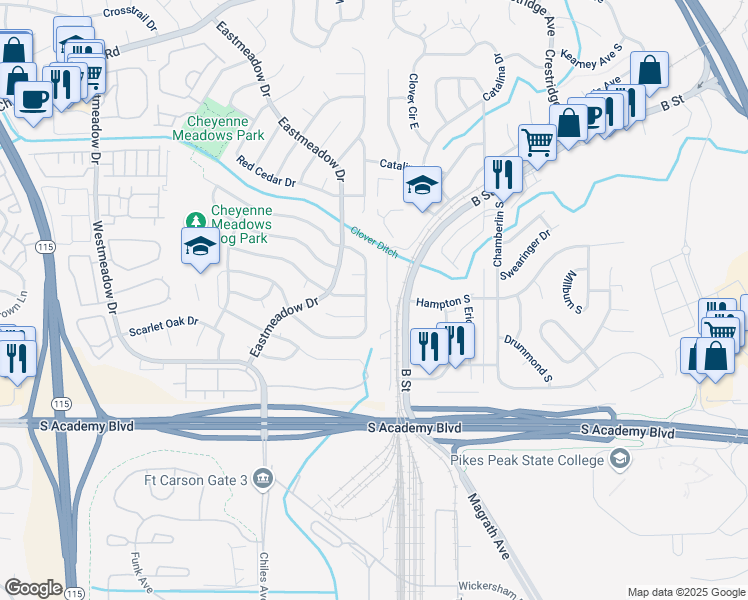 map of restaurants, bars, coffee shops, grocery stores, and more near 1592 Canoe Creek Drive North in Colorado Springs