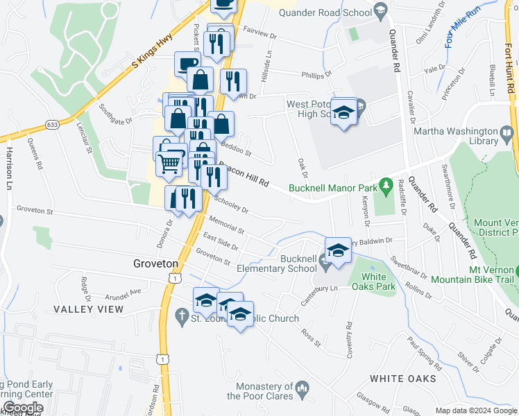 map of restaurants, bars, coffee shops, grocery stores, and more near 2704 Schooley Drive in Alexandria