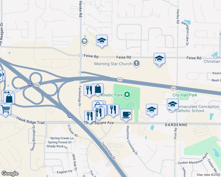 map of restaurants, bars, coffee shops, grocery stores, and more near 1307 Towne Square Drive in Dardenne Prairie