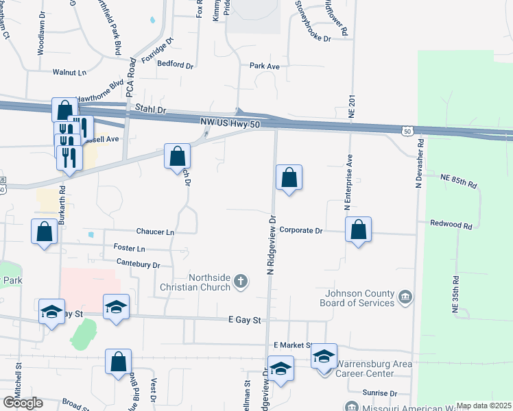 map of restaurants, bars, coffee shops, grocery stores, and more near 606 North Ridgeview Drive in Warrensburg
