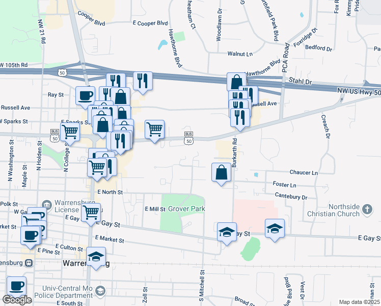 map of restaurants, bars, coffee shops, grocery stores, and more near 500 East Young Avenue in Warrensburg