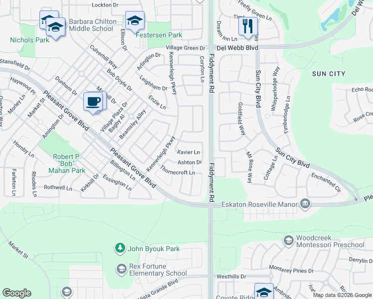 map of restaurants, bars, coffee shops, grocery stores, and more near 2097 Xavier Lane in Roseville