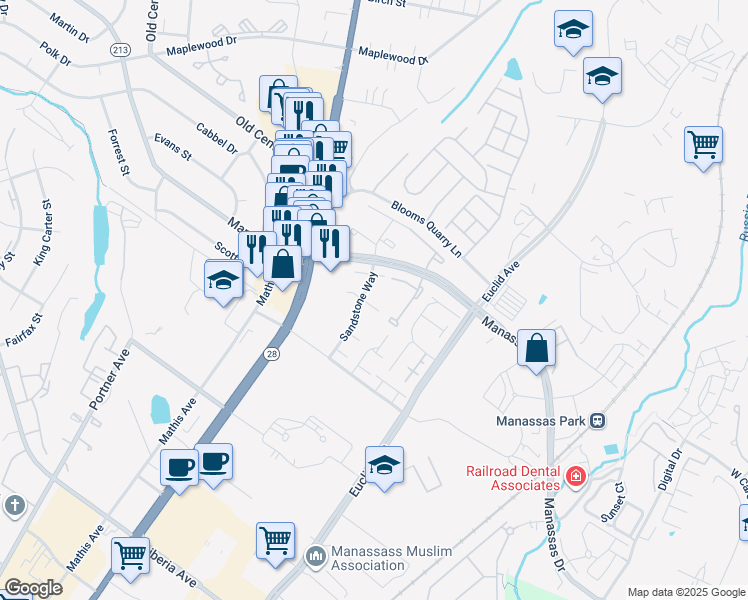map of restaurants, bars, coffee shops, grocery stores, and more near 8661 Inyo Place in Manassas Park
