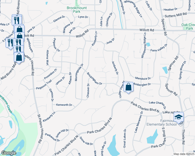 map of restaurants, bars, coffee shops, grocery stores, and more near 1615 Fairwood Forest Drive in St. Peters
