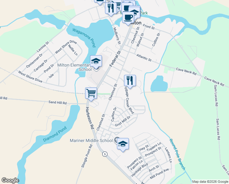 map of restaurants, bars, coffee shops, grocery stores, and more near 1103 Canning House Row in Milton