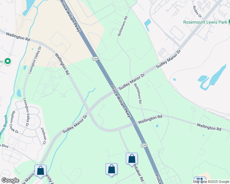 map of restaurants, bars, coffee shops, grocery stores, and more near Rte 234 & Sudley Manor Dr in Prince William