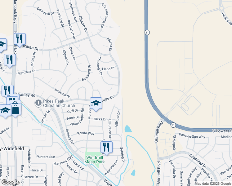 map of restaurants, bars, coffee shops, grocery stores, and more near 4215 Pinal Lane in Colorado Springs