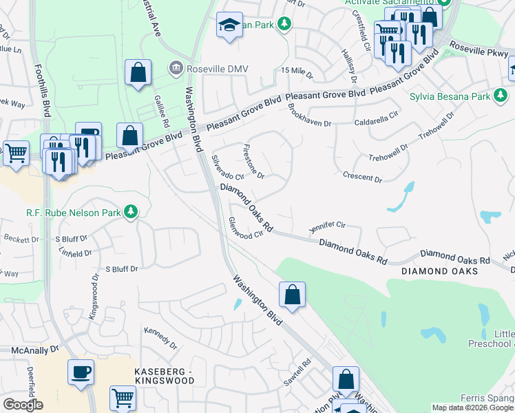 map of restaurants, bars, coffee shops, grocery stores, and more near 200 Firestone Drive in Roseville