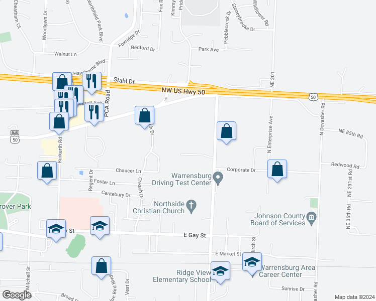 map of restaurants, bars, coffee shops, grocery stores, and more near 825 Prairie Hill Drive in Warrensburg
