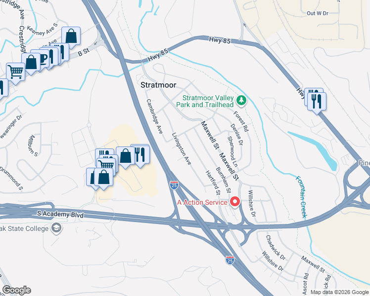 map of restaurants, bars, coffee shops, grocery stores, and more near 2798 Park Crest Court in Colorado Springs
