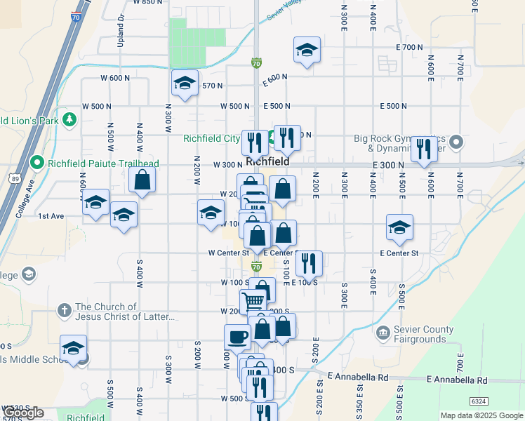 map of restaurants, bars, coffee shops, grocery stores, and more near 124-198 N Main St in Richfield