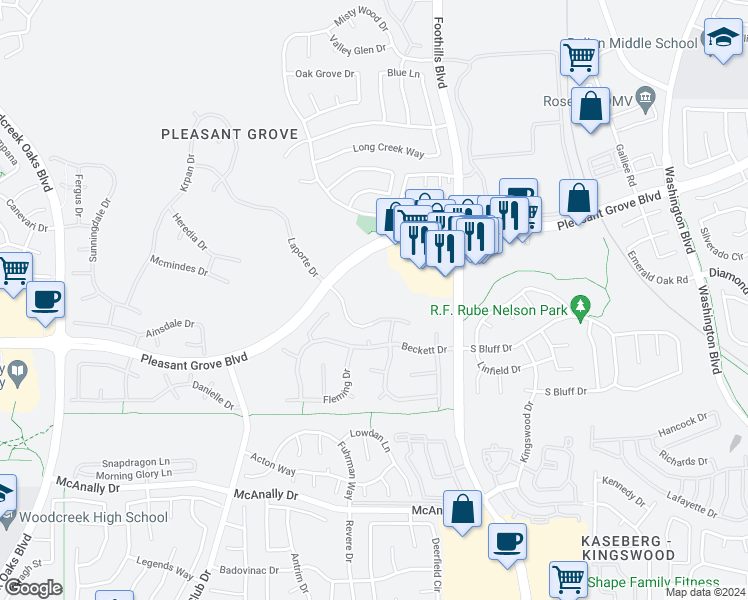 map of restaurants, bars, coffee shops, grocery stores, and more near 1295 Hemingway Drive in Roseville