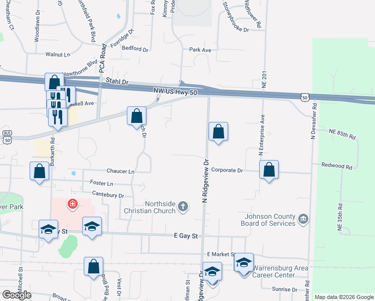 map of restaurants, bars, coffee shops, grocery stores, and more near 825 Prairie Hill Drive in Warrensburg