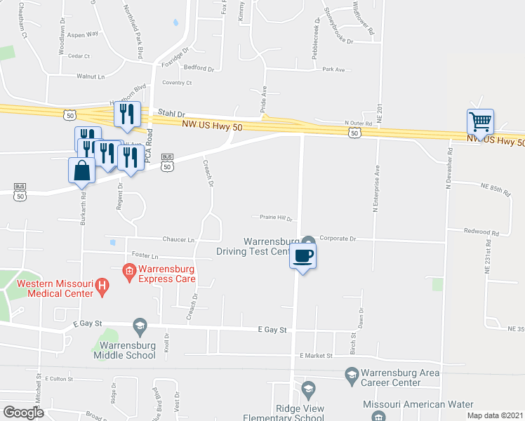 map of restaurants, bars, coffee shops, grocery stores, and more near 825 Prairie Hill Drive in Warrensburg
