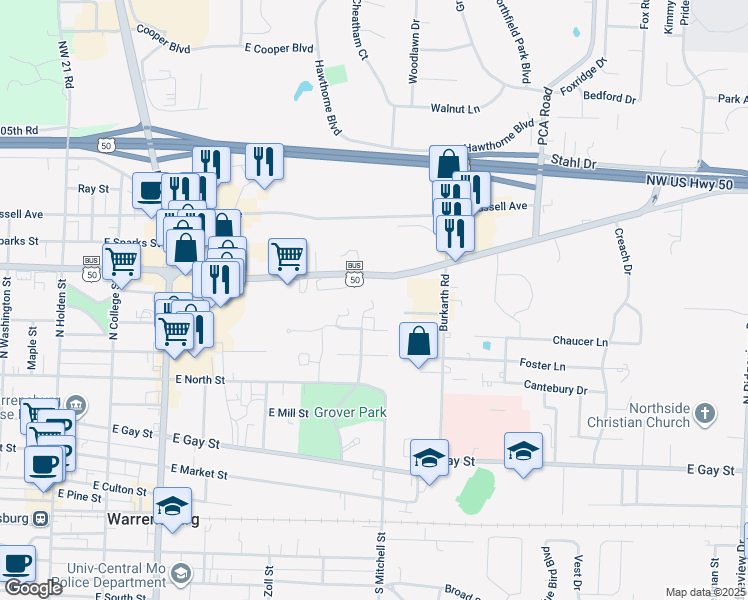 map of restaurants, bars, coffee shops, grocery stores, and more near 521 East Young Avenue in Warrensburg