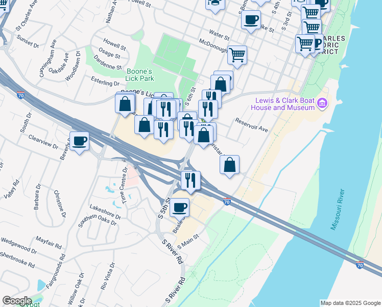 map of restaurants, bars, coffee shops, grocery stores, and more near 1368 South 5th Street in Saint Charles