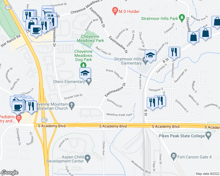 map of restaurants, bars, coffee shops, grocery stores, and more near 1466 Canoe Creek Drive South in Colorado Springs