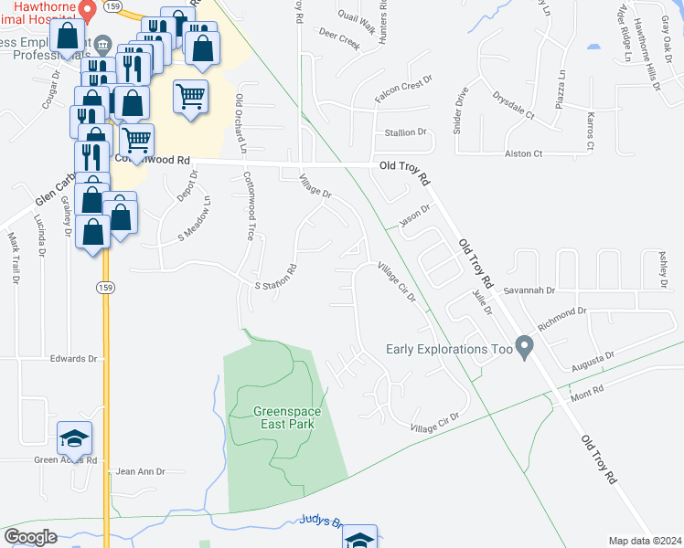 map of restaurants, bars, coffee shops, grocery stores, and more near 18 Peachtree Lane in Glen Carbon