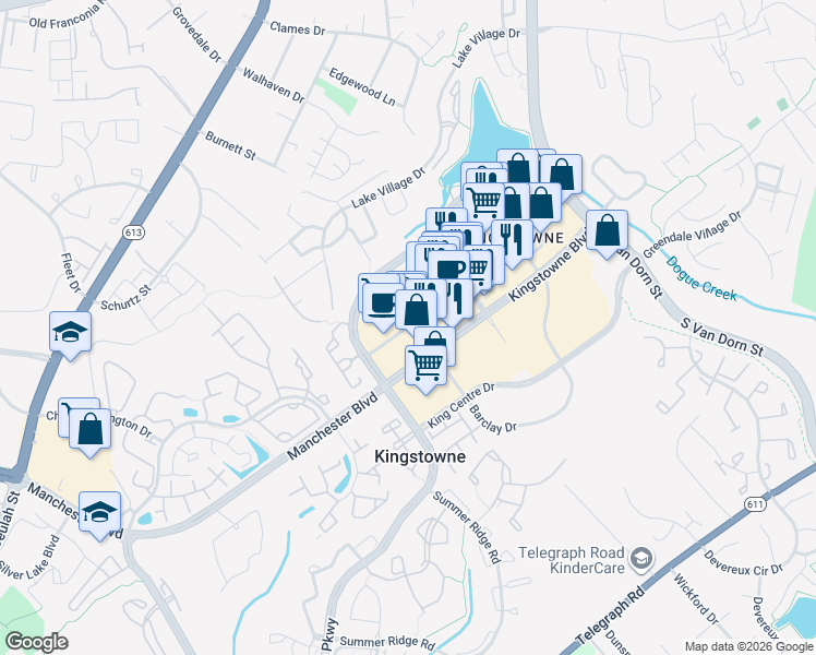 map of restaurants, bars, coffee shops, grocery stores, and more near 5965 Kingstowne Towne Center in Alexandria