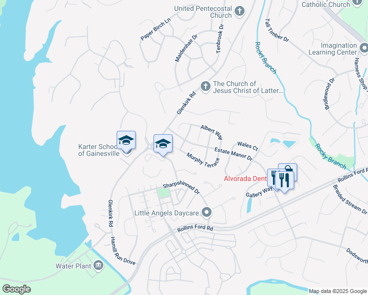 map of restaurants, bars, coffee shops, grocery stores, and more near 8509 Calverts Mill Way in Gainesville