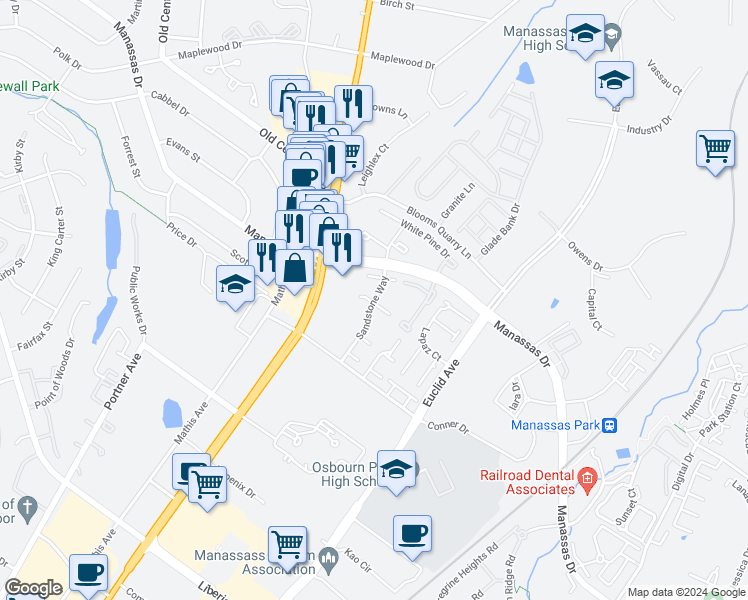 map of restaurants, bars, coffee shops, grocery stores, and more near 8506 Sandstone Way in Manassas Park