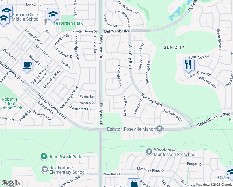 map of restaurants, bars, coffee shops, grocery stores, and more near 5017 Whiteclover Lane in Roseville