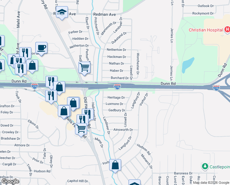 map of restaurants, bars, coffee shops, grocery stores, and more near 2544 Pershall Road in St. Louis