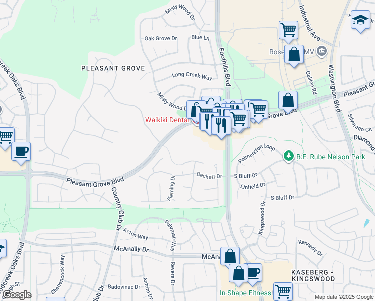 map of restaurants, bars, coffee shops, grocery stores, and more near 1295 Hemingway Drive in Roseville