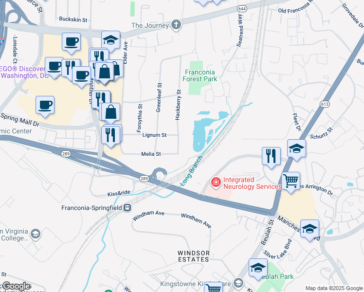 map of restaurants, bars, coffee shops, grocery stores, and more near 6807 Hackberry Street in Springfield