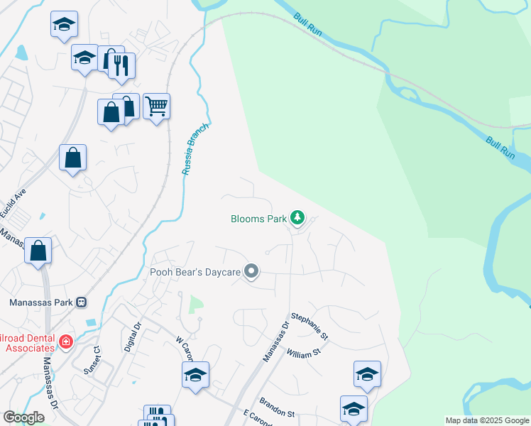 map of restaurants, bars, coffee shops, grocery stores, and more near 9214 Fairway Court in Manassas Park