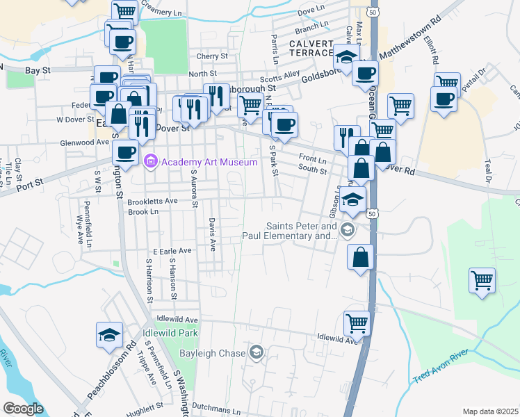 map of restaurants, bars, coffee shops, grocery stores, and more near 506 Brookletts Avenue in Easton