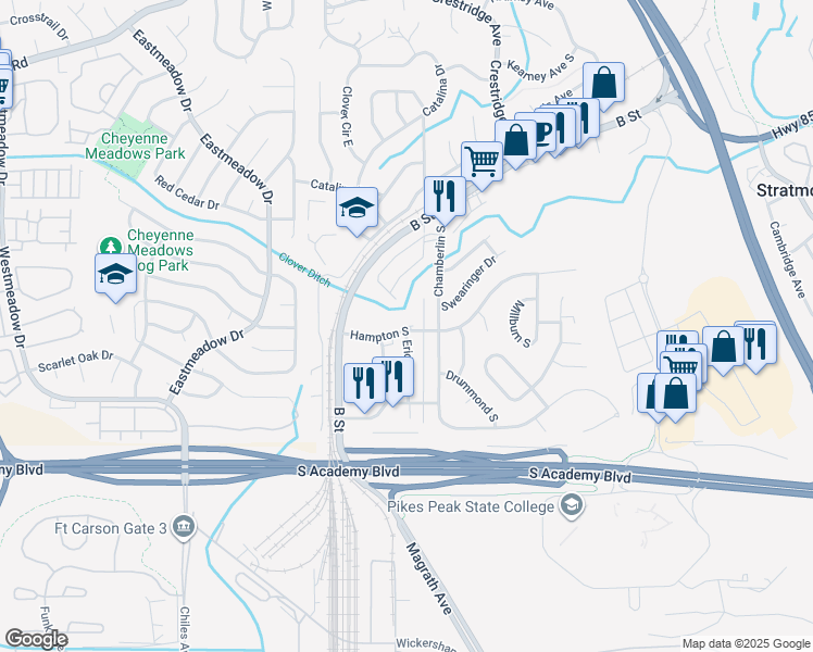 map of restaurants, bars, coffee shops, grocery stores, and more near 1732 Hampton South in Colorado Springs