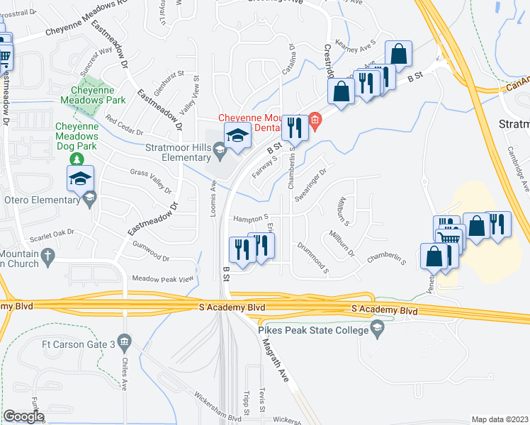 map of restaurants, bars, coffee shops, grocery stores, and more near 1620 Hampton South in Colorado Springs