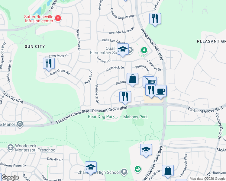 map of restaurants, bars, coffee shops, grocery stores, and more near 1515 Dickinson Drive in Roseville