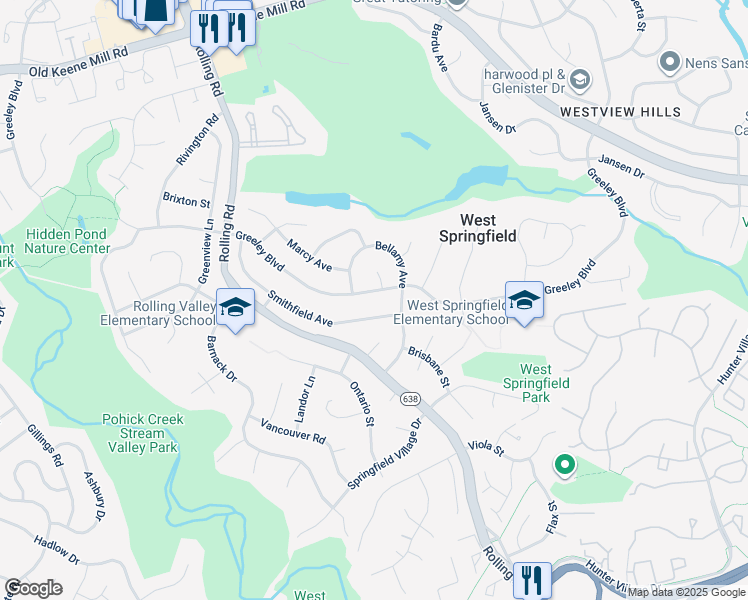 map of restaurants, bars, coffee shops, grocery stores, and more near 8107 Greeley Boulevard in West Springfield