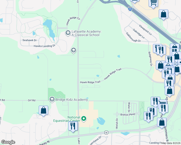 map of restaurants, bars, coffee shops, grocery stores, and more near 5720 Lake Saint Louis Boulevard in Lake Saint Louis