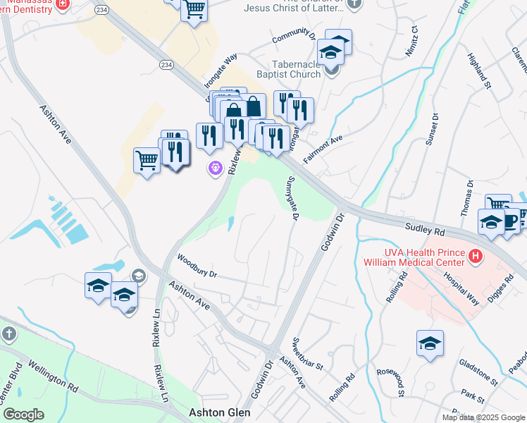 map of restaurants, bars, coffee shops, grocery stores, and more near 8624 Ambrose Court in Manassas